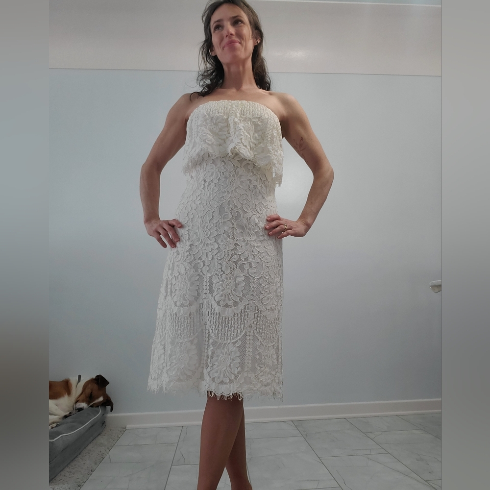 Delia Strapless Lace Midi Dress